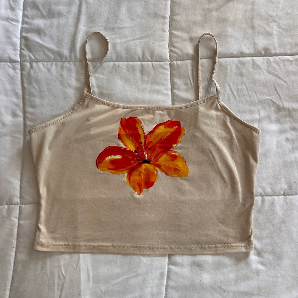 SHEIN Beige Tank Top with Orange Floral Design